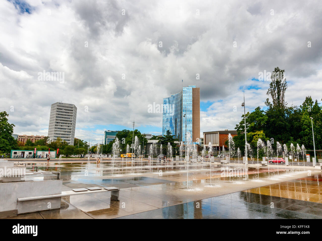 United Nations Square with the World Intellectual Property Organization headquarters under a cloudy sky. Geneva, Switzerland. Stock Photo