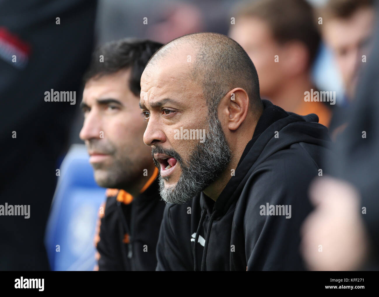 Wolves' Manager Nuno Espirito prepares for kick off during the Sky Bet