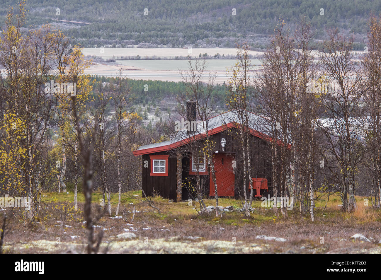 Beautiful traditional Norwegian house in the forest. Colorful autumn