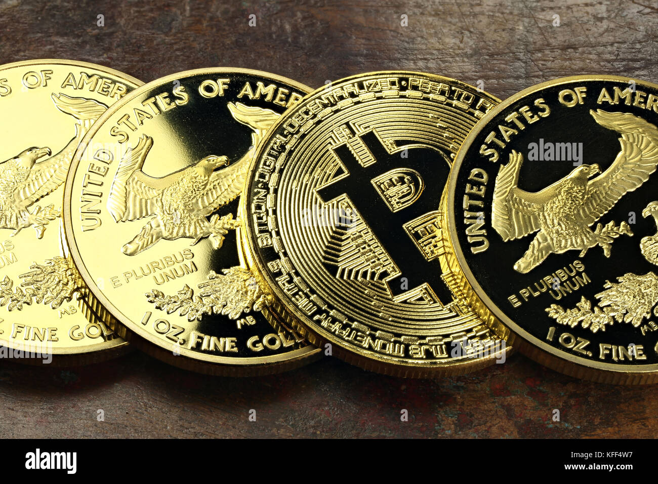 Bitcoin gold coins on US dollar bills. The concept of a peer-to-peer  payment system that uses the same unit for accounting transactions Stock  Photo - Alamy