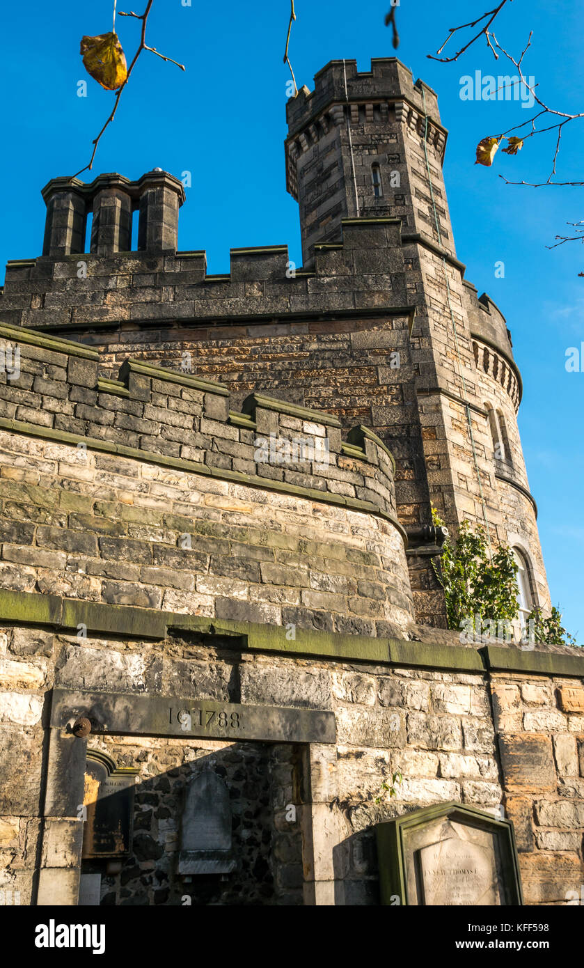 Gravestone and mausoleum in Old Calton burial ground cemetery, Edinburgh, Scotland, UK, with a carved 1788 date in stonework Stock Photo