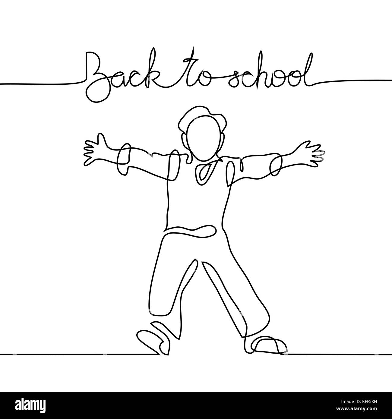 Standing school boy happy with back to school. Continuous line drawing. Vector illustration on white background Stock Vector