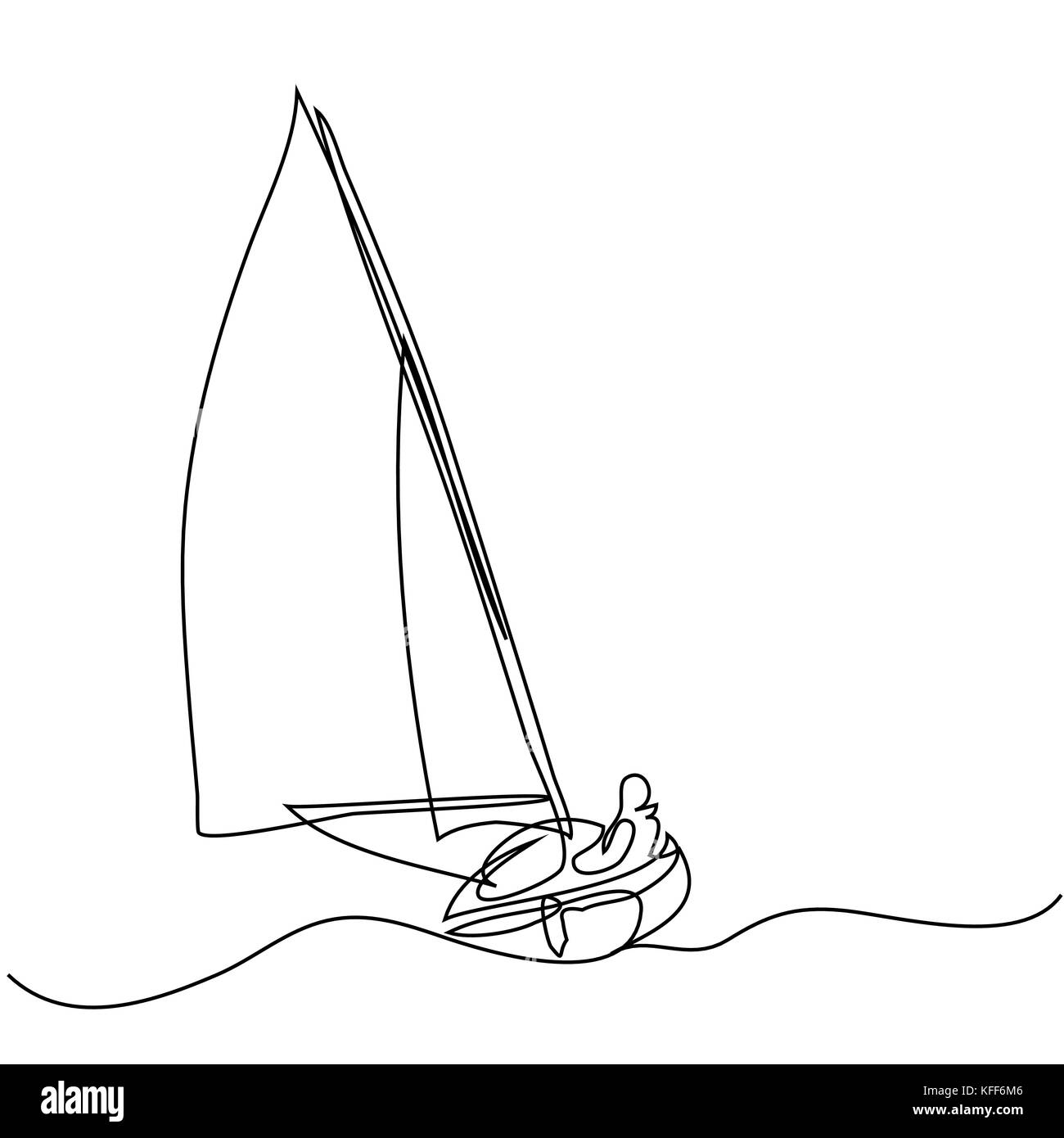 Continuous line drawing of sailboat with captain. Vector illustration Stock Vector