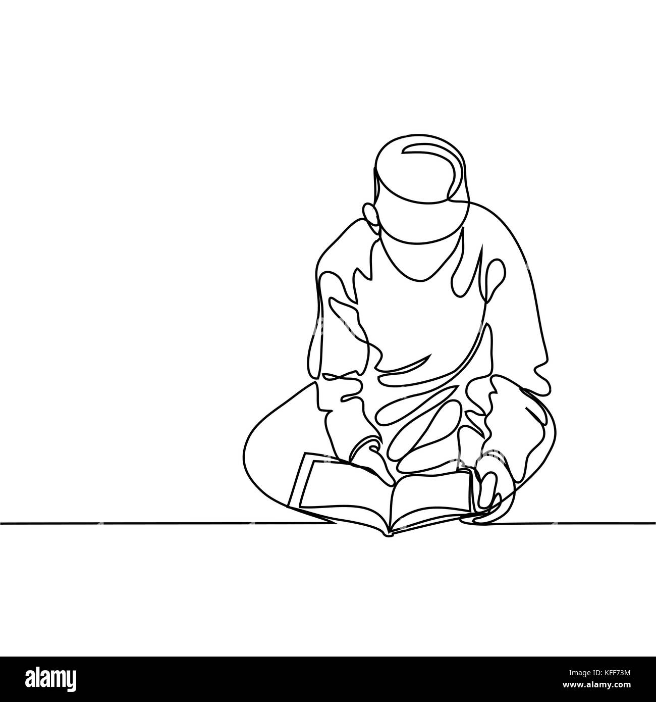 Boy in fez reading Koran. Continuous line drawing vector illustration Stock Vector