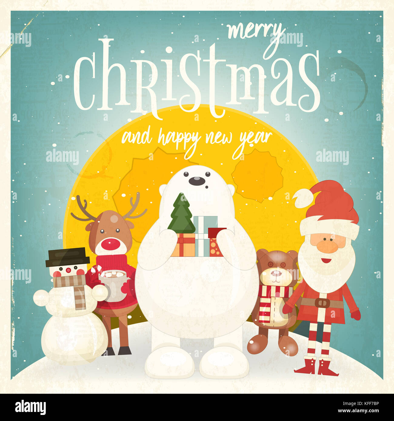 Merry Christmas Retro Greeting Card - Santa Claus and Xmas Characters. Illustration. Square Format. Stock Photo
