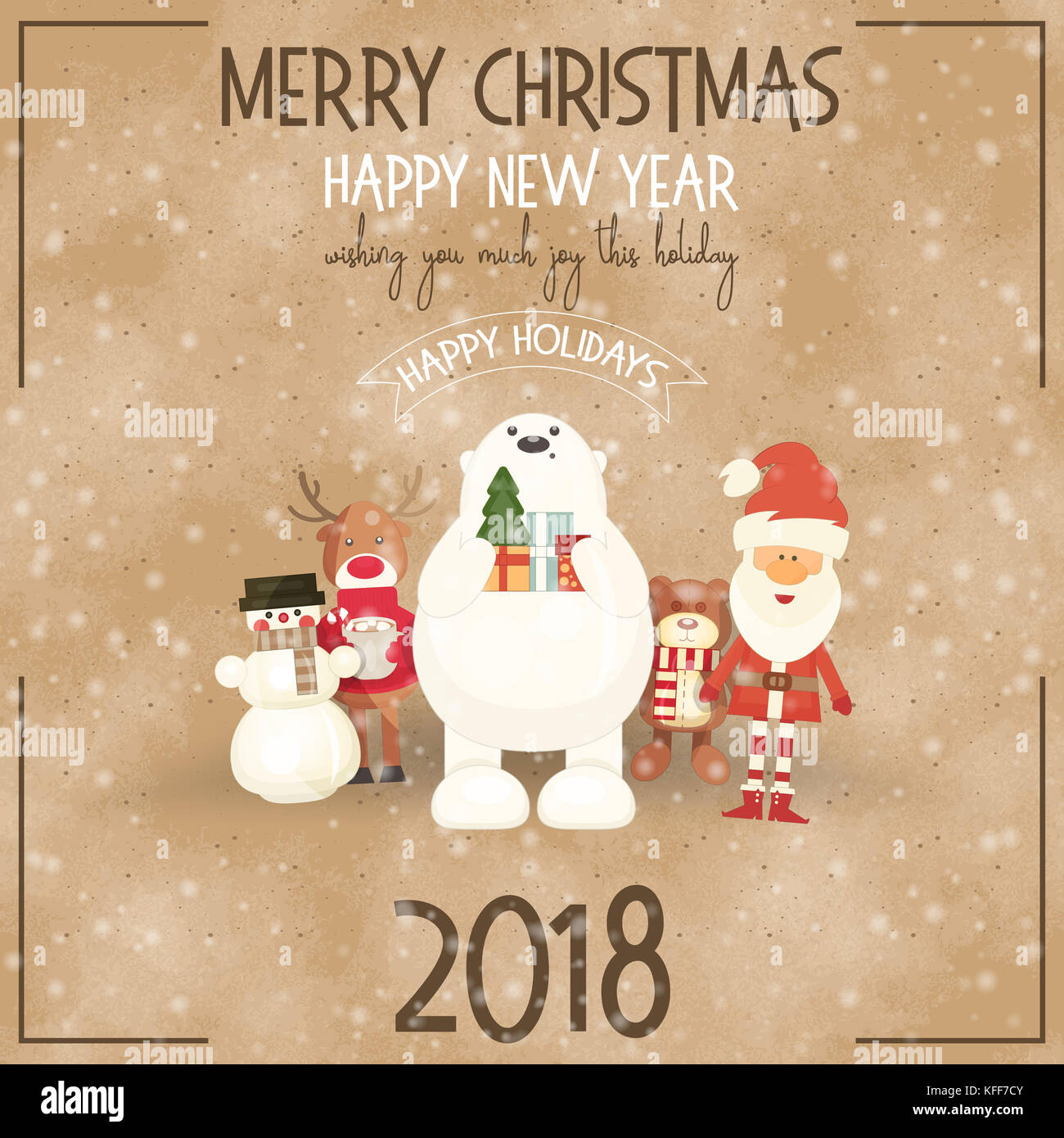 Merry Christmas Retro Greeting Card - Santa Claus and Xmas Characters on Vintage Craft Paper Background. Illustration. Square Format. Stock Photo