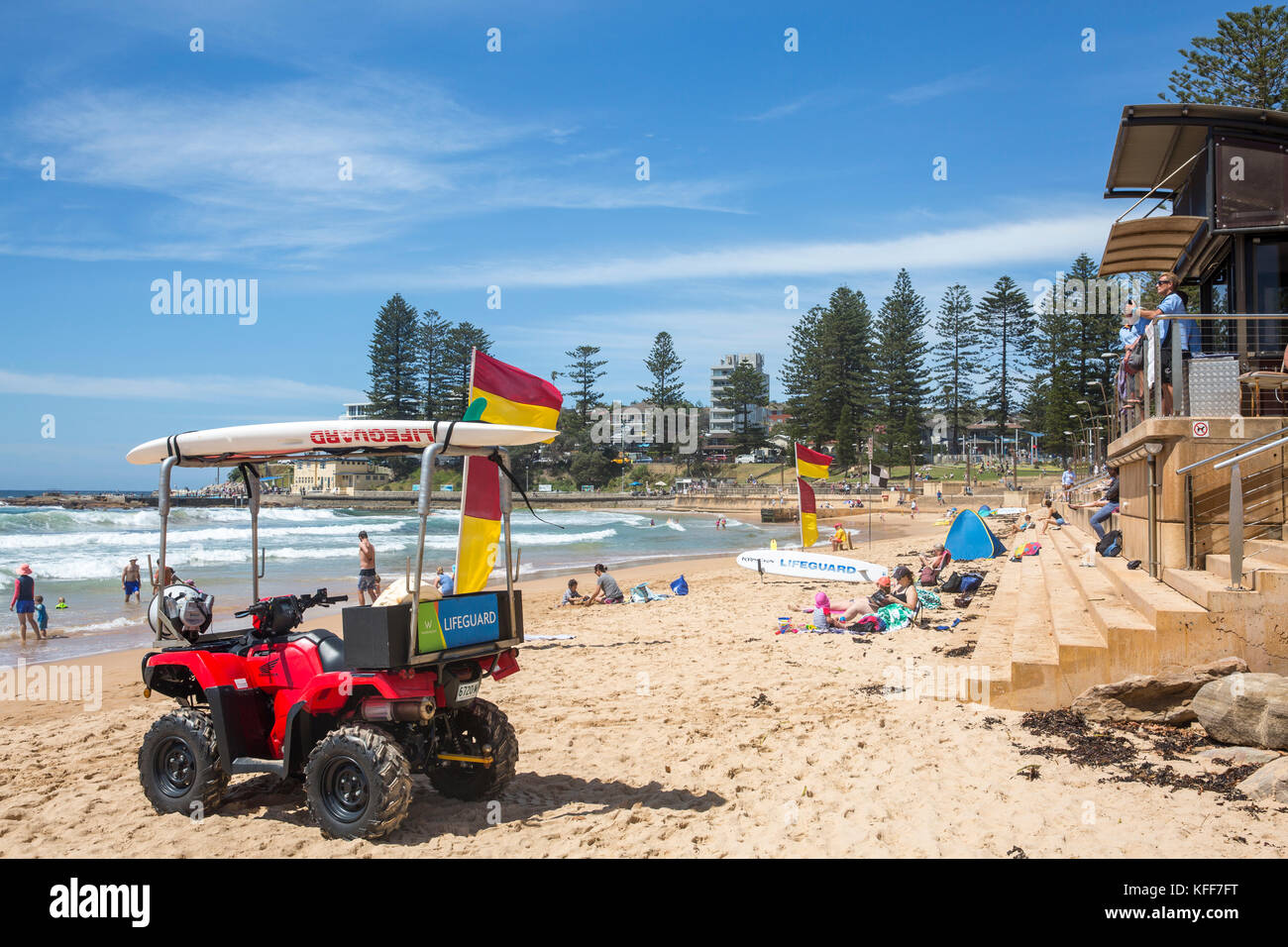 Surf rescue lifeguard facilities and flags on Dee Why beach on Sydney