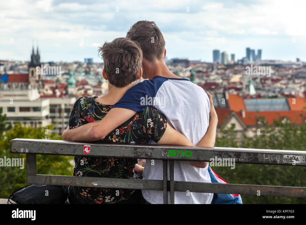 Prague couple is looking at the Prague panorama of the Old Town, Letna Park, Prague, Czech Republic Stock Photo