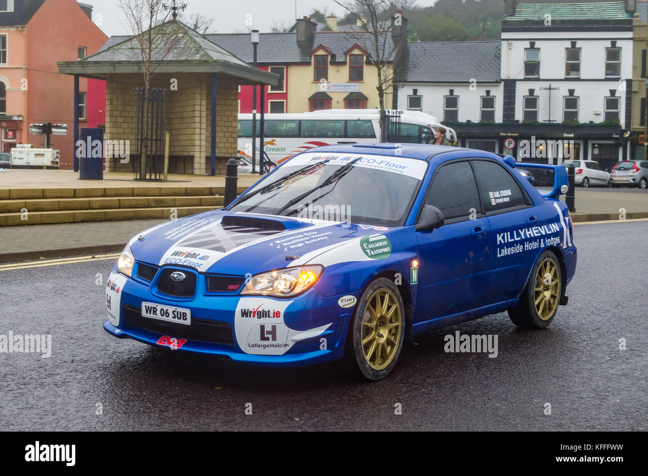 Bantry, Ireland. Saturday 28th Oct, 2017.  A rally car competing in tomorrow's West Cork Fastnet Rally has a test drive in miserable weather.  The rally starts early torrow morning from The West Lodge Hotel in Bantry and takes in the local countryside before finishing tomorrow afternoon. Credit: Andy Gibson/Alamy Live News. Stock Photo