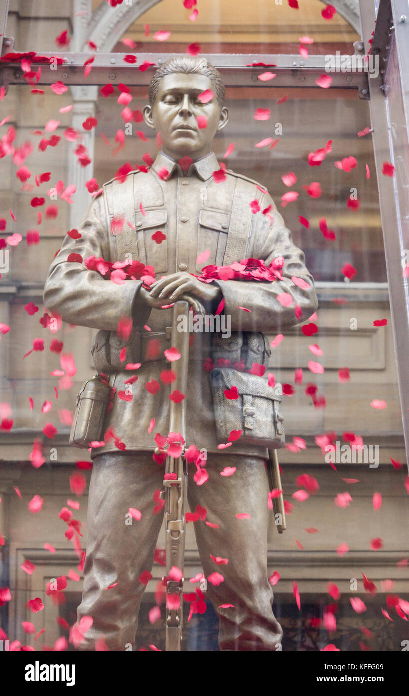 Newcastle upon Tyne England, United Kingdom. 28th October, 2017. Every Man remembered sculpture outside the Theatre Royal in Newcastle upon Tyne. The sculpture promotes the Legion's Every Man Remembered campaign  which asks the public to pay tribute to each of the 1,117,077 men and women from Britain and the Commonwealth who fell during the First World War The brass sculpture is a collaborative piece with artist Mark Humphrey and has been created with the assistance of a team of British makers. Based on the Unknown Soldier, he stands on a block made from limestone sourced from the Somme, in a  Stock Photo