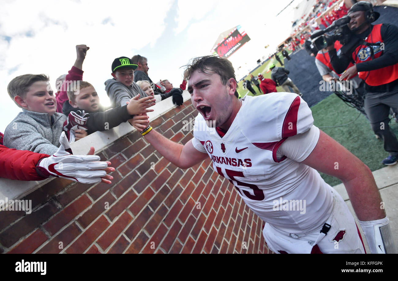 Oxford, MS, USA. 28th Oct, 2017. Arkansas quarterback Cole Kelley celebrates with fans as he runs off the field after winning a NCAA college football game against the Mississippi Rebels on October 28, 2017, at Vaught-Hemmingway Stadium in Oxford, MS. Arkansas won 38-37. Austin McAfee/CSM/Alamy Live News Stock Photo