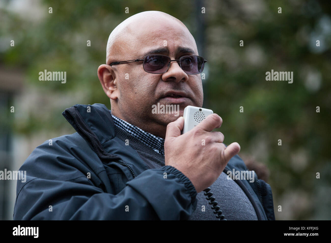 London, UK. 28th October, 2017. Zia Ullah, cousin of Habib 'Paps' Ullah, addresses campaigners from the United Families and Friends Campaign (UFFC) following their annual procession in remembrance of family members and friends who died in police custody, prison, immigration detention or secure psychiatric hospitals. Habib Ullah, 39, died at Wycombe General hospital on 3rd July 2008, around 90 minutes after the car in which he was travelling was stopped by police officers in High Wycombe. Credit: Mark Kerrison/Alamy Live News Stock Photo