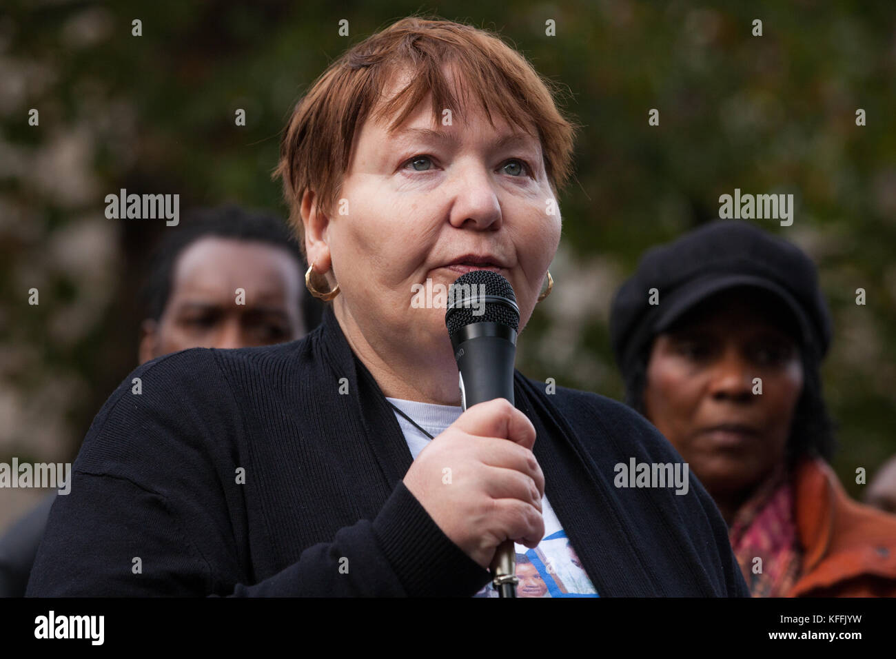 London, UK. 28th October, 2017. Margaret Briggs, mother of Leon Briggs,  addresses supporters of the United Families and Friends Campaign (UFFC) following their annual procession in remembrance of family members and friends who died in police custody, prison, immigration detention or secure psychiatric hospitals. Leon Briggs, 39, died in hospital in November 2013 after being detained under the Mental Health Act and becoming ill at Luton police station. Credit: Mark Kerrison/Alamy Live News Stock Photo