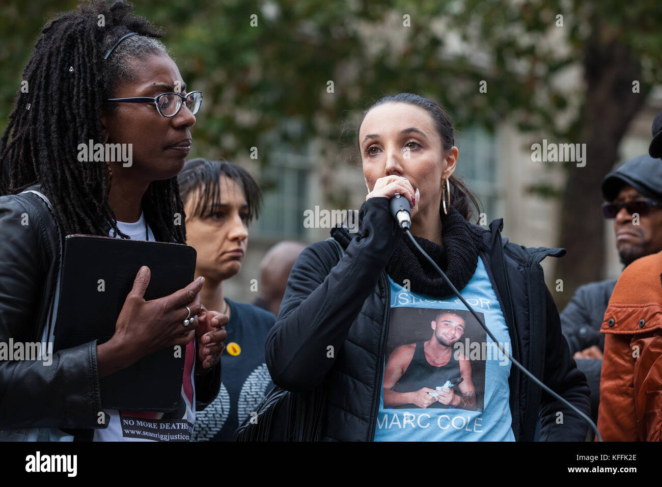 London, UK. 28th October, 2017. Lisa Cole, sister of Marc Cole, addresses campaigners from the United Families and Friends Campaign (UFFC) following their annual procession in remembrance of family members and friends who died in police custody, prison, immigration detention or secure psychiatric hospitals. Marc Cole, 30, died after being tasered by police called to reports of a man 'slashing himself' with a knife in Falmouth in May 2017. Credit: Mark Kerrison/Alamy Live News Stock Photo