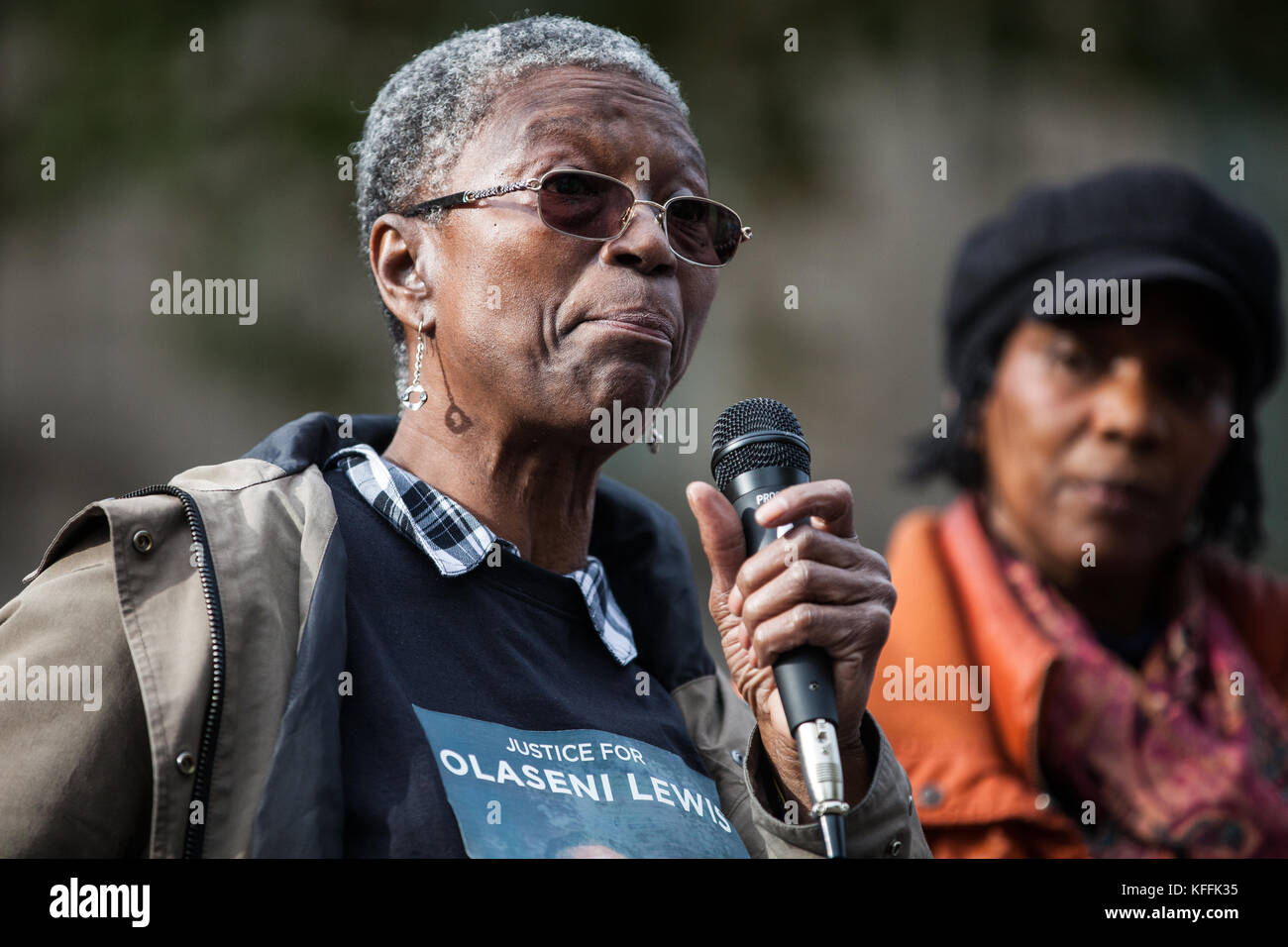 London, UK. 28th October, 2017. Ajibola Lewis, mother of Olaseni Lewis, addresses campaigners from the United Families and Friends Campaign (UFFC) following their annual procession in remembrance of family members and friends who died in police custody, prison, immigration detention or secure psychiatric hospitals. Olaseni Lewis, 23, died following prolonged restraint at the Bethlem Royal Hospital in South London on 31 August 2010. Credit: Mark Kerrison/Alamy Live News Stock Photo