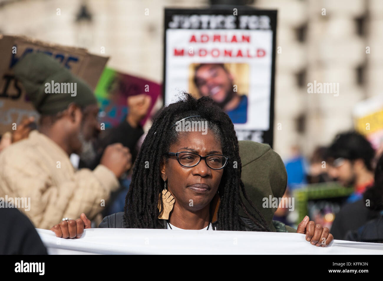 London, UK. 28th October, 2017. Marcia Rigg, sister of Sean Rigg, among campaigners from the United Families and Friends Campaign (UFFC) taking part in their annual procession in remembrance of family members and friends who died in police custody, prison, immigration detention or secure psychiatric hospitals. Sean Rigg, 40, died on 21st August 2008 while in police custody at Brixton police station. Credit: Mark Kerrison/Alamy Live News Stock Photo