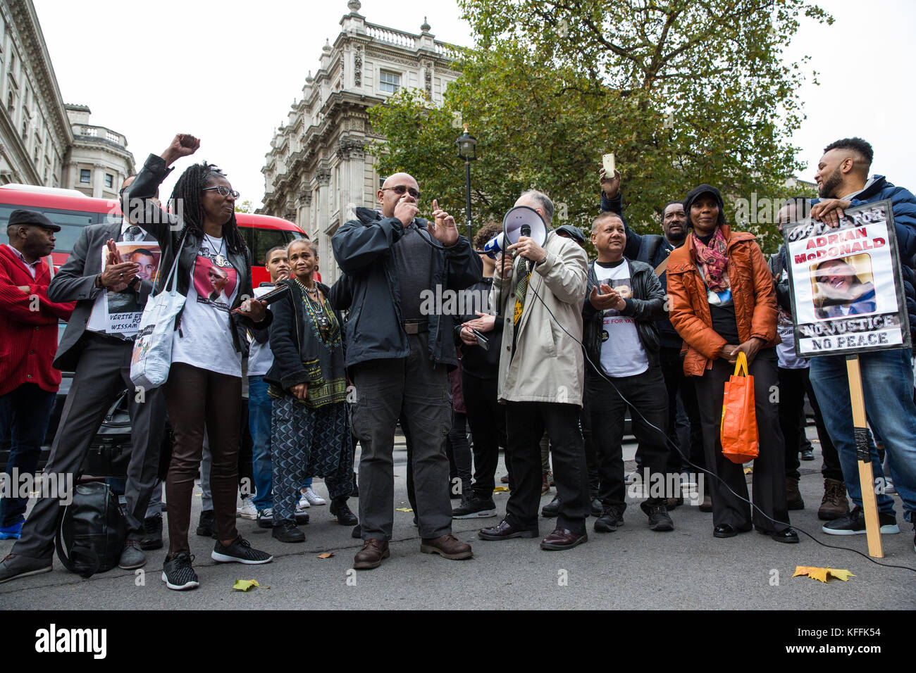 London, UK. 28th October, 2017. Zia Ullah, cousin of Habib 'Paps' Ullah, addresses campaigners from the United Families and Friends Campaign (UFFC) following their annual procession in remembrance of family members and friends who died in police custody, prison, immigration detention or secure psychiatric hospitals. Habib Ullah, 39, died at Wycombe General hospital on 3rd July 2008, around 90 minutes after the car in which he was travelling was stopped by police officers in High Wycombe. Credit: Mark Kerrison/Alamy Live News Stock Photo