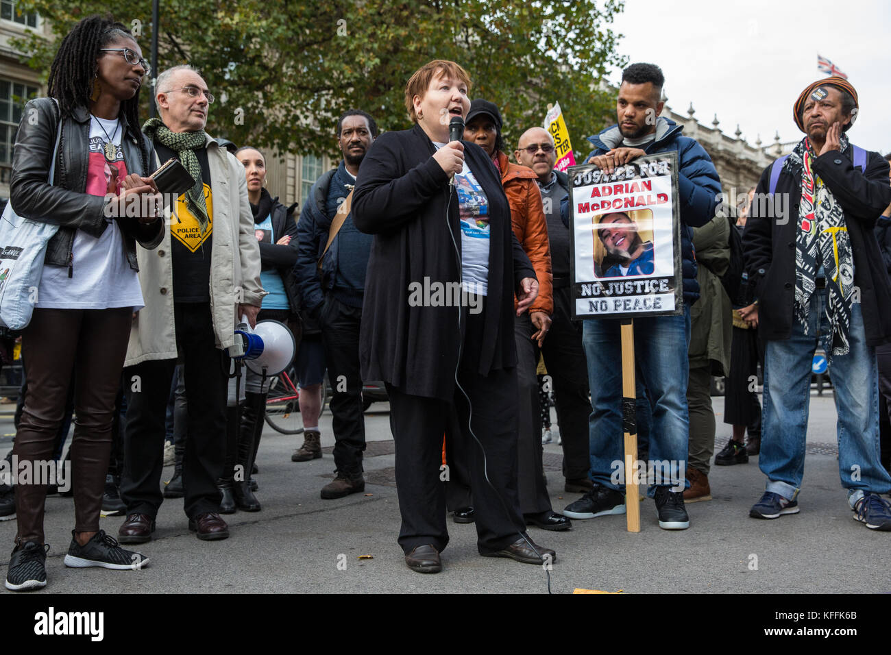 London, UK. 28th October, 2017. Margaret Briggs, mother of Leon Briggs,  addresses supporters of the United Families and Friends Campaign (UFFC) following their annual procession in remembrance of family members and friends who died in police custody, prison, immigration detention or secure psychiatric hospitals. Leon Briggs, 39, died in hospital in November 2013 after being detained under the Mental Health Act and becoming ill at Luton police station. Credit: Mark Kerrison/Alamy Live News Stock Photo