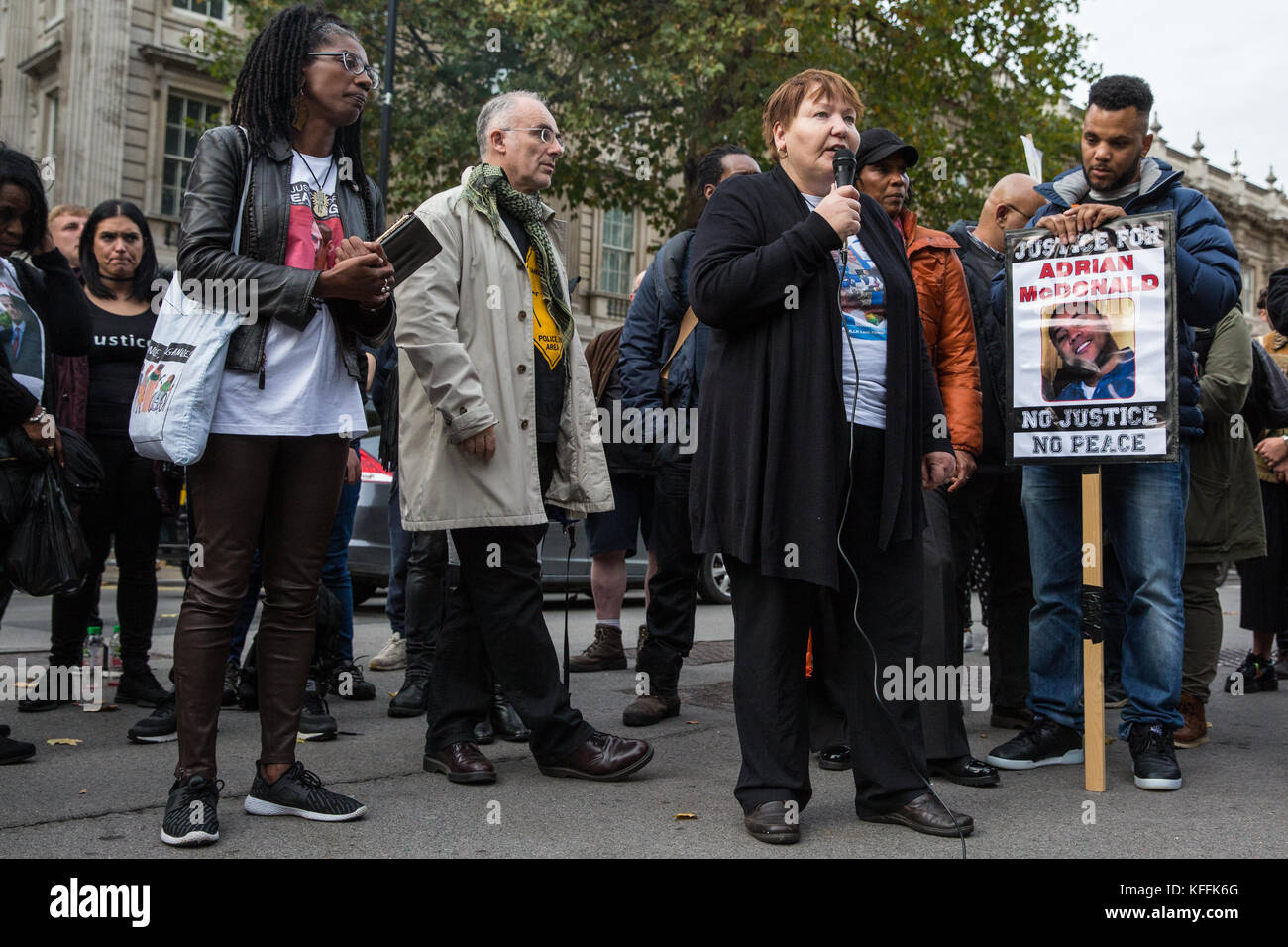 London, UK. 28th October, 2017. Margaret Briggs, mother of Leon Briggs, addresses supporters of the United Families and Friends Campaign (UFFC) following their annual procession in remembrance of family members and friends who died in police custody, prison, immigration detention or secure psychiatric hospitals. Leon Briggs, 39, died in hospital in November 2013 after being detained under the Mental Health Act and becoming ill at Luton police station. Credit: Mark Kerrison/Alamy Live News Stock Photo