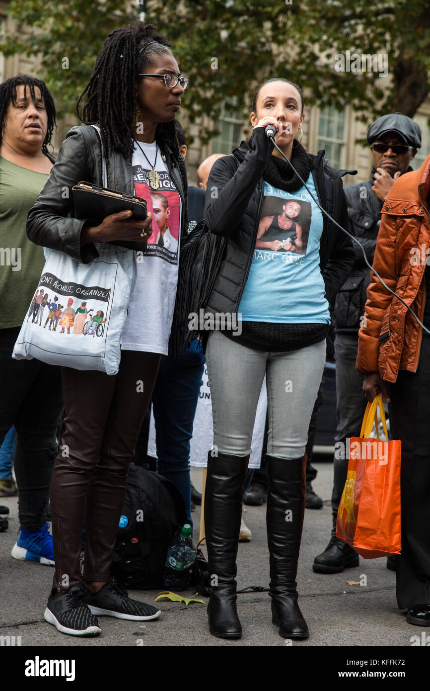London, UK. 28th October, 2017. Lisa Cole, sister of Marc Cole, addresses campaigners from the United Families and Friends Campaign (UFFC) following their annual procession in remembrance of family members and friends who died in police custody, prison, immigration detention or secure psychiatric hospitals. Marc Cole, 30, died after being tasered by police called to reports of a man 'slashing himself' with a knife in Falmouth in May 2017. Credit: Mark Kerrison/Alamy Live News Stock Photo
