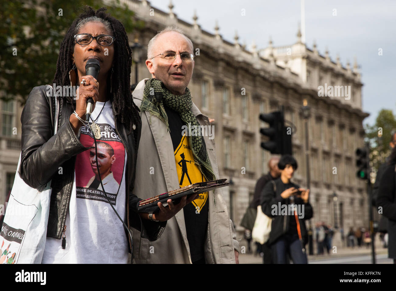 London, UK. 28th October, 2017. Marcia Rigg, sister of Sean Rigg, addresses campaigners from the United Families and Friends Campaign (UFFC) following their annual procession in remembrance of family members and friends who died in police custody, prison, immigration detention or secure psychiatric hospitals. Sean Rigg, 40, died on 21st August 2008 while in police custody at Brixton police station. Credit: Mark Kerrison/Alamy Live News Stock Photo