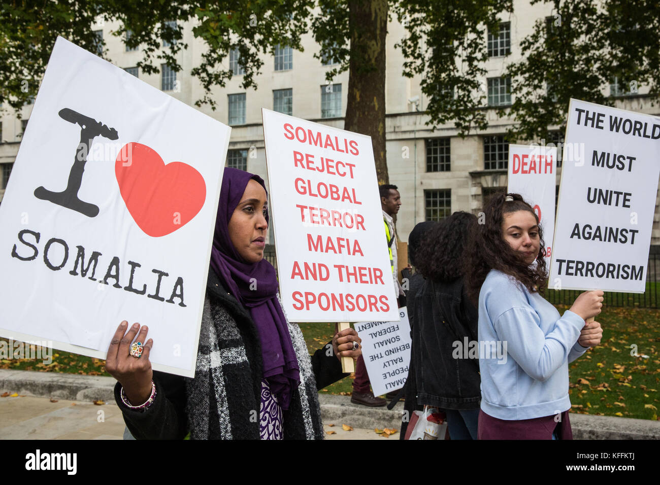 London, UK. 28th October, 2017. Members of the Somali community protest opposite Downing Street against the recent terrorist attacks in Somalia and call for assistance from the British Government. Credit: Mark Kerrison/Alamy Live News Stock Photo