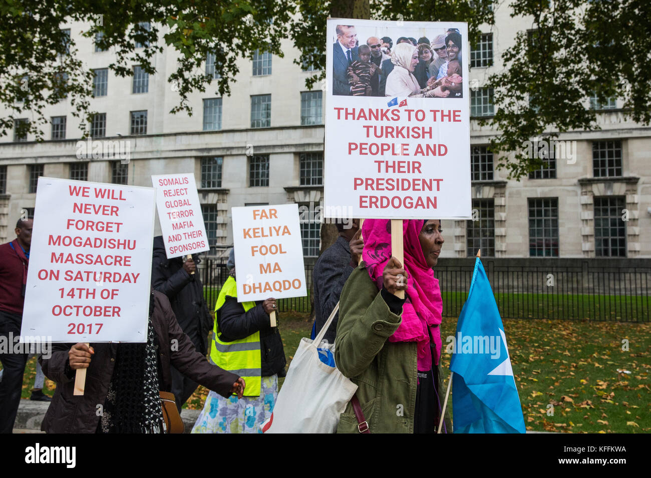 London, UK. 28th October, 2017. Members of the Somali community protest opposite Downing Street against the recent terrorist attacks in Somalia and call for assistance from the British Government. Credit: Mark Kerrison/Alamy Live News Stock Photo