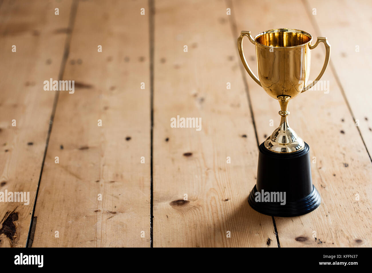 Gold winners trophy award on a wooden background Stock Photo