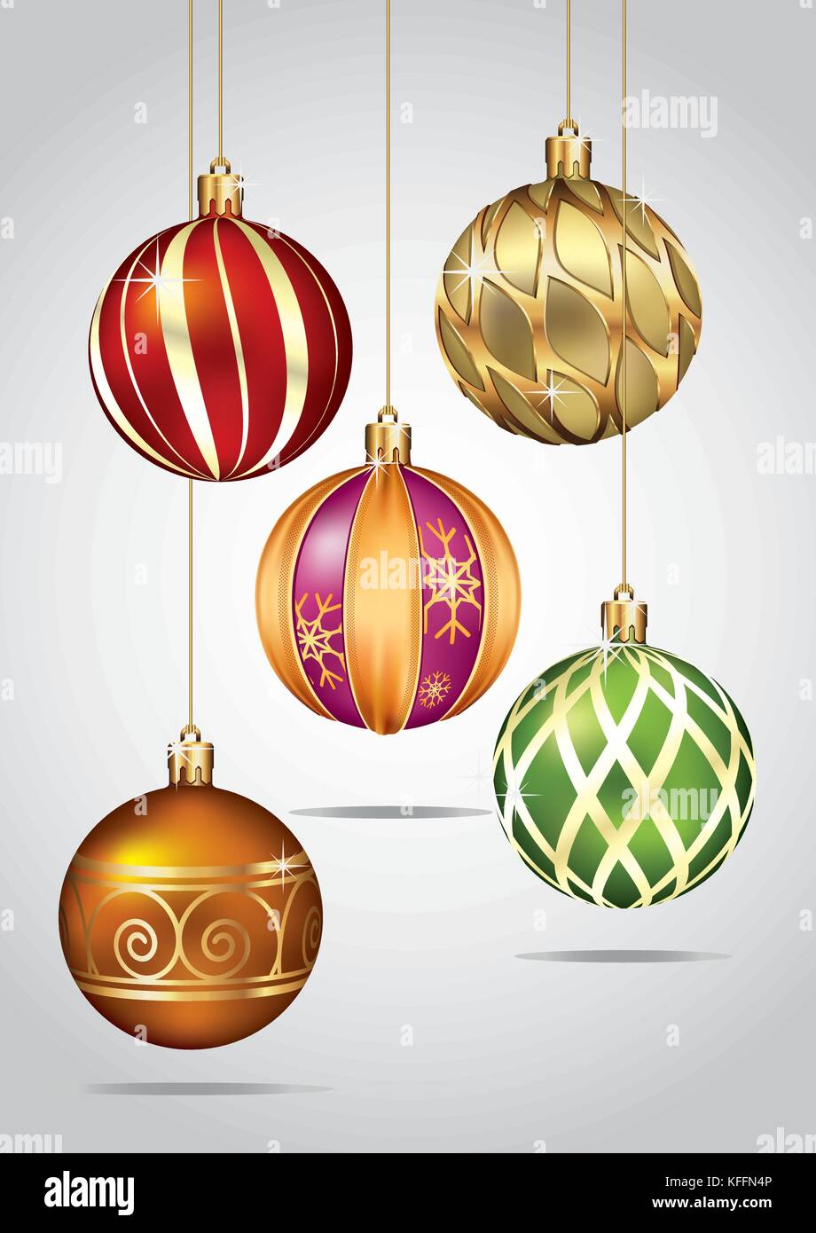 Christmas Balls Ornaments Hanging On Gold Thread Vector