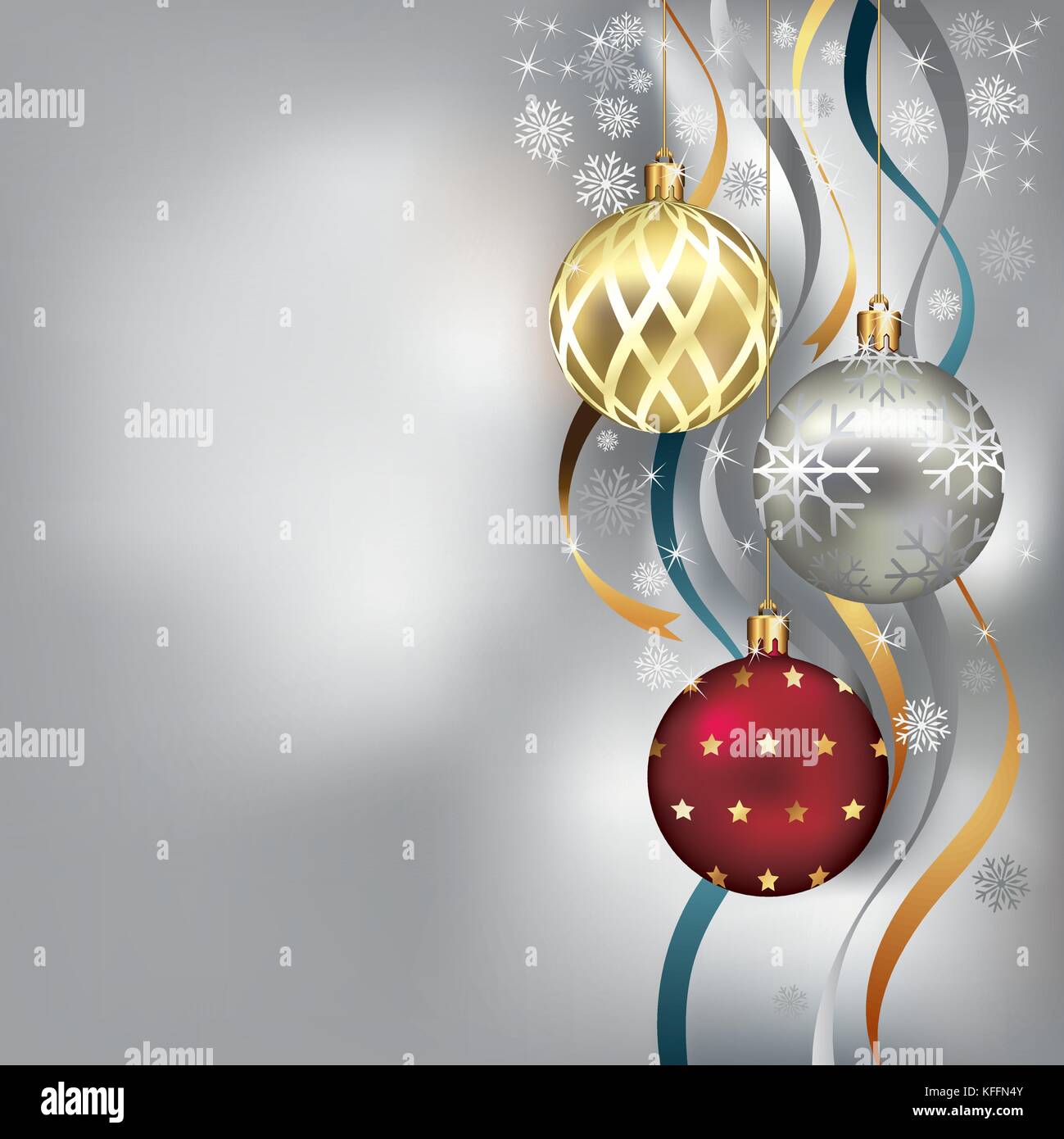 Christmas balls ornaments hanging on gold thread. Vector illustrations. Stock Vector