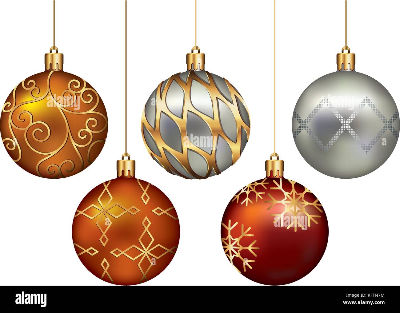 Christmas balls ornaments hanging on gold thread. Vector illustrations. Stock Vector