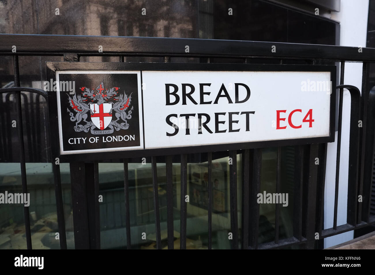 Street sign for Bread Street The City of London UK EC4 home of Gordon Ramsays Bread Street Kitchen. Stock Photo