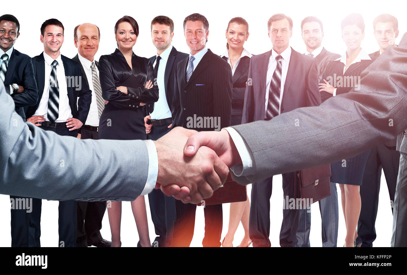 Front Handshake Handshake in front of business people Stock Photo - Alamy