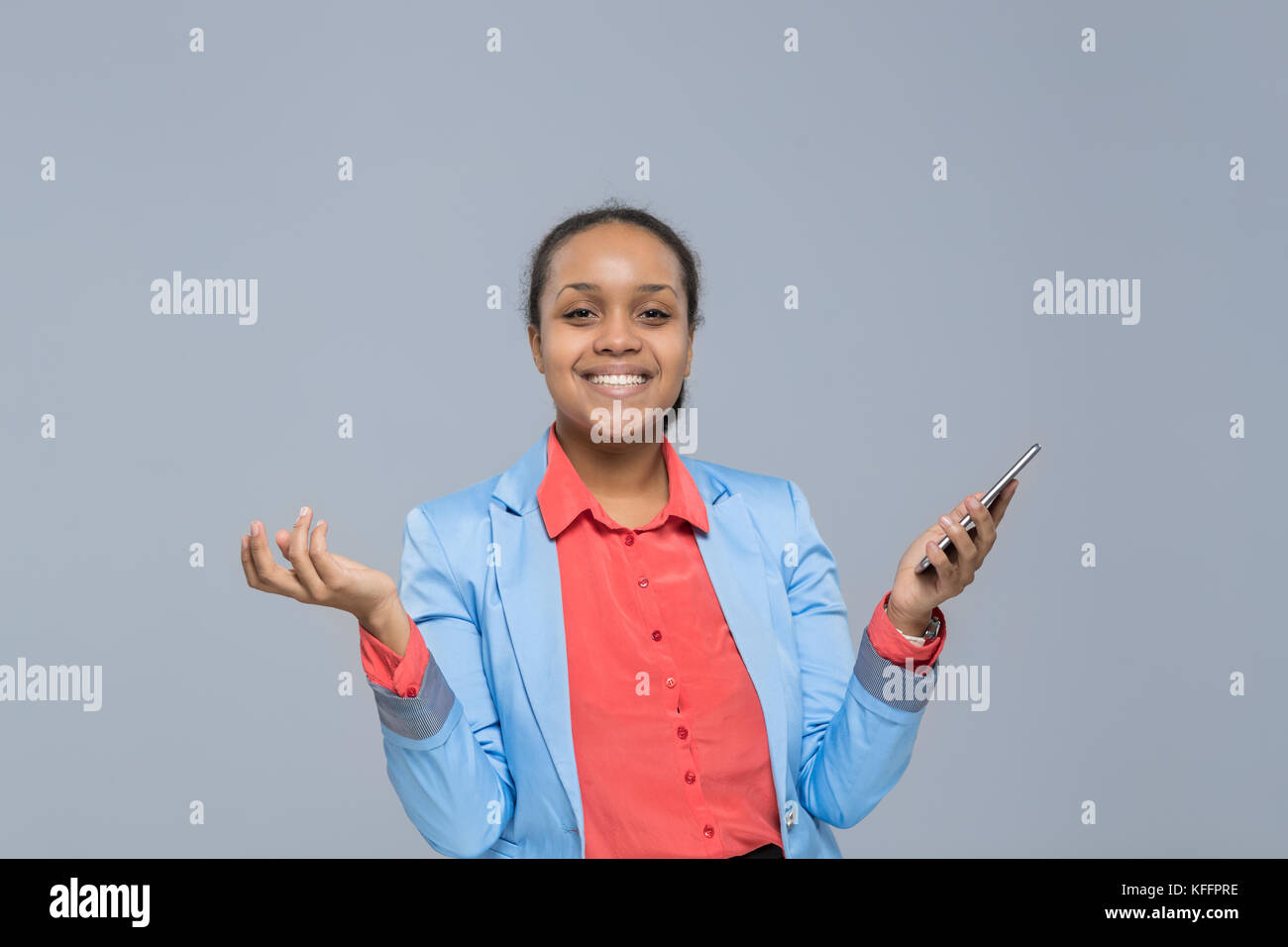 Young Business Woman Using Cell Smart Phone African American Girl Happy ...