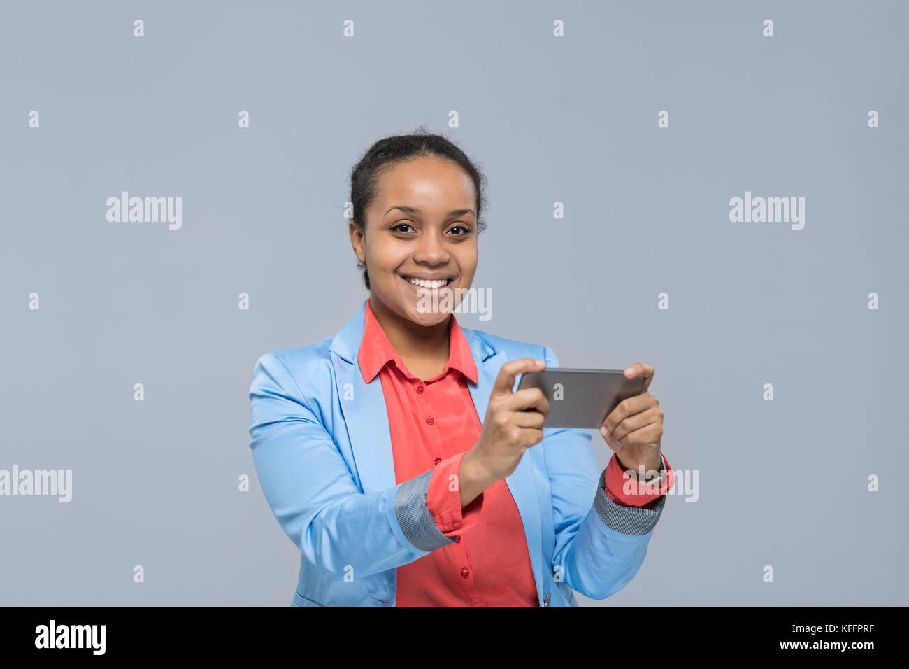 Young Business Woman Using Cell Smart Phone African American Girl Happy ...