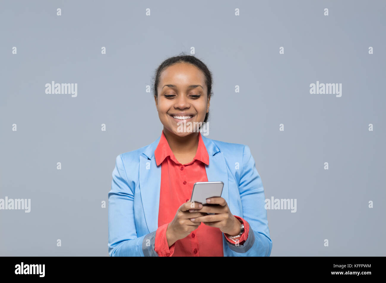 Young Business Woman Using Cell Smart Phone African American Girl Happy ...