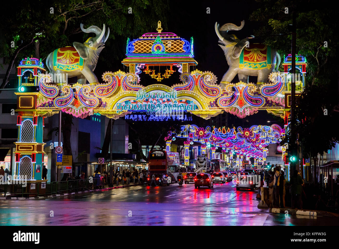 Street Lights celebrating Deepavali Festival October 2017 Little India Singapore TV000418 Stock Photo