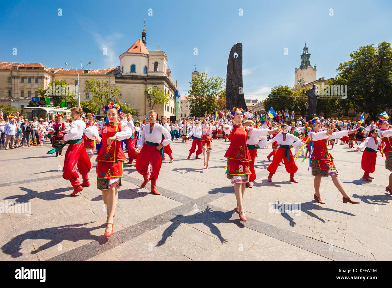 A large group of Ukranian 'Hopak' folk dancers performs at the ...