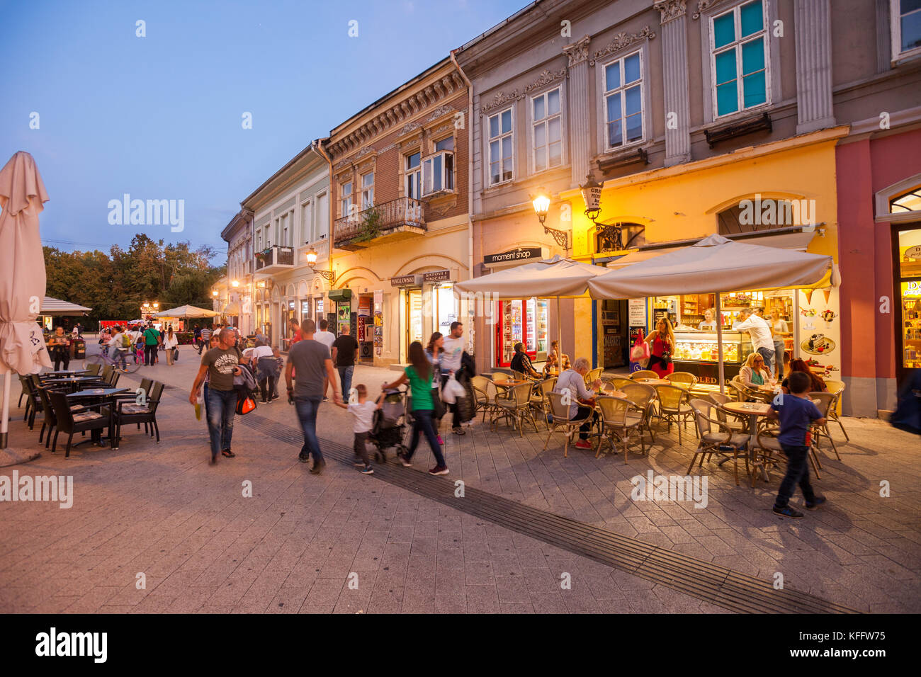 Boutiques and cafes on Dunavska Street, Novi Sad, Serbia Stock Photo