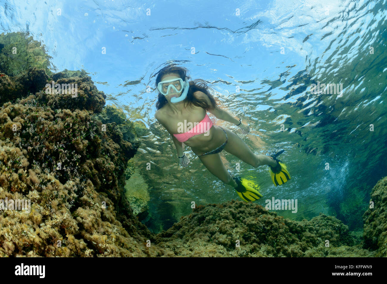 Snorkeling Girl in the Sea, Adriatic Sea, Mediterranean Sea, Dalmatia, Croatia Stock Photo