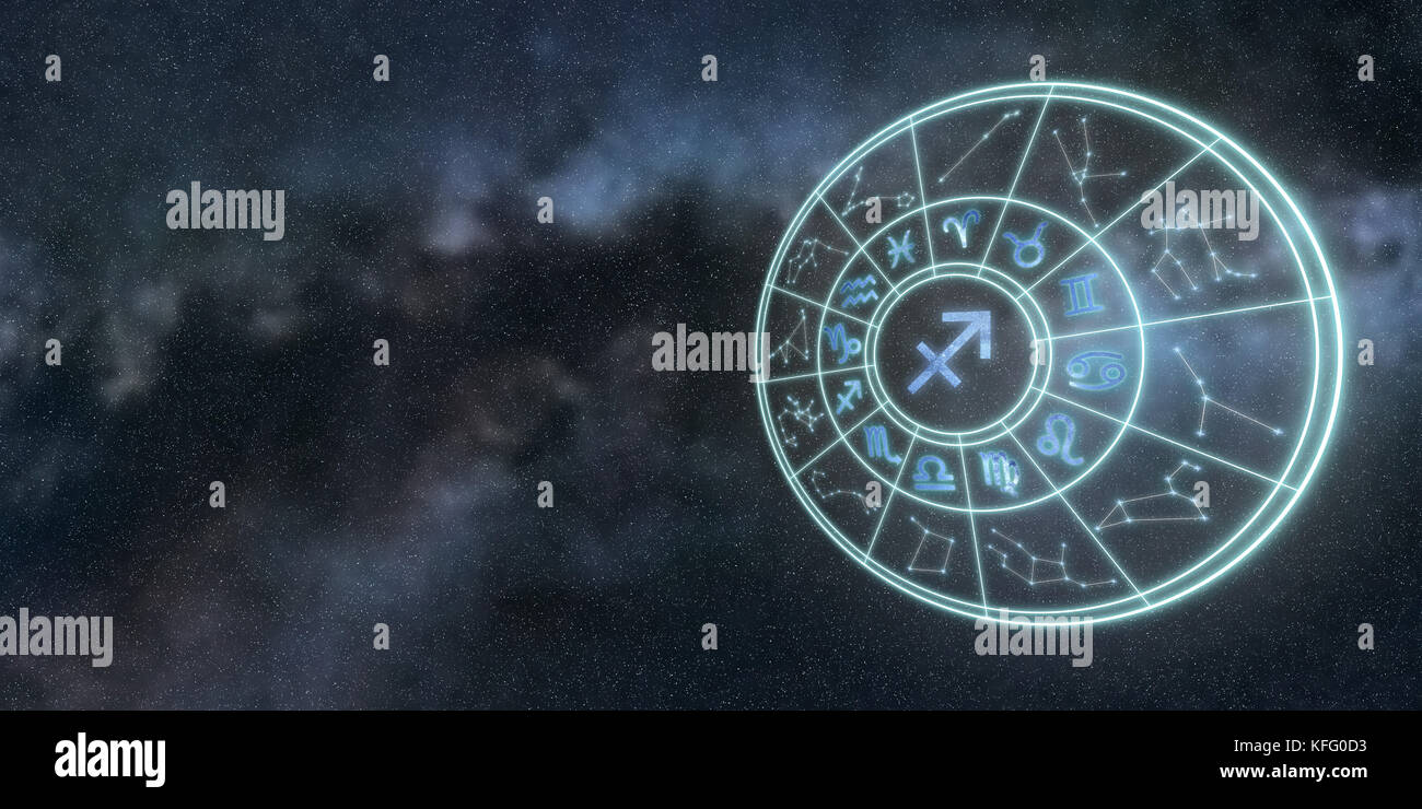 Light symbols of zodiac and horoscope circle, Sagittarius Zodiac Sign Stock Photo