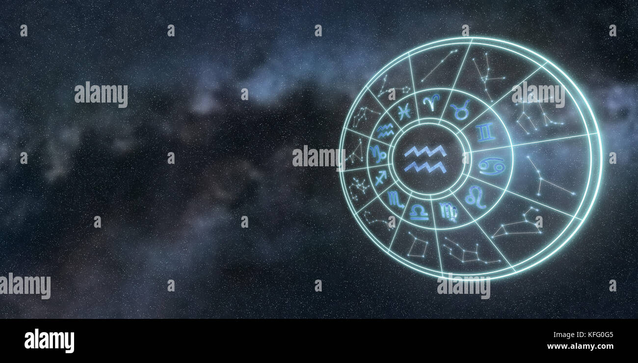 Light symbols of zodiac and horoscope circle, Aquarius Zodiac Sign Stock Photo