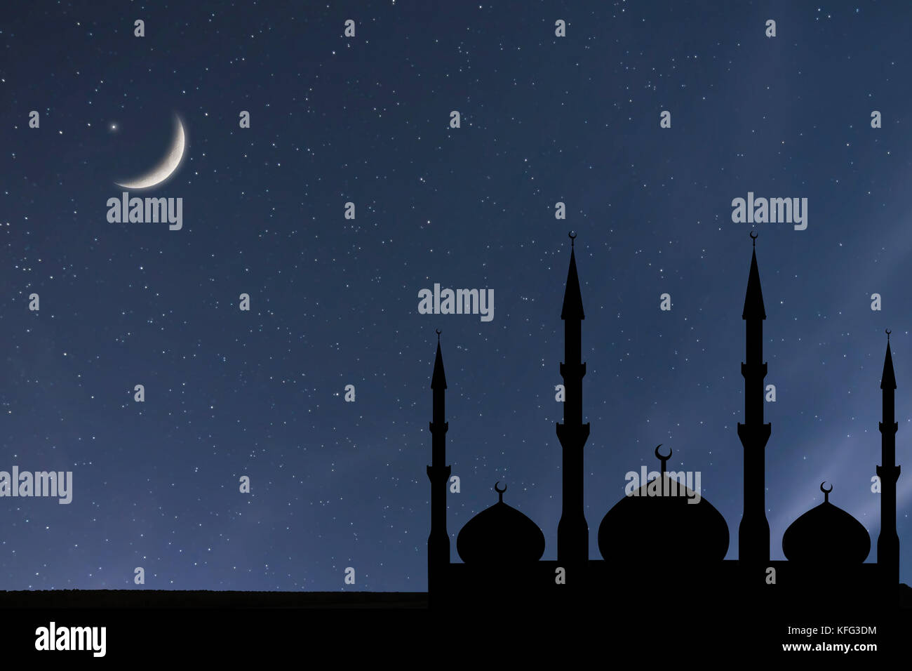 Night sky landscape mosque silhouette, Crescent moon stars 