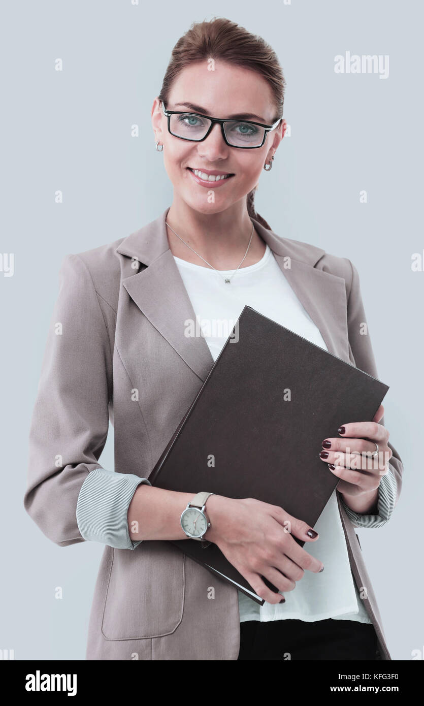 Beautiful smiling business woman isolated gray background Stock Photo ...