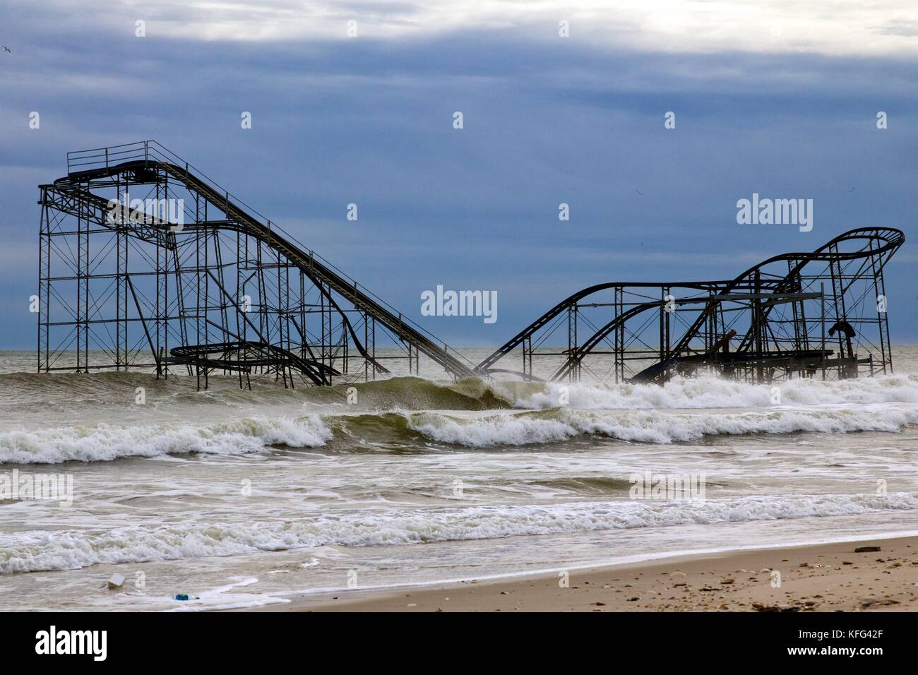 December 5, 2012 -Seaside Heights, NJ, USA: Superstorm Sandy left the Jetstar roller coaster sitting in the Atlantic Ocean. Stock Photo