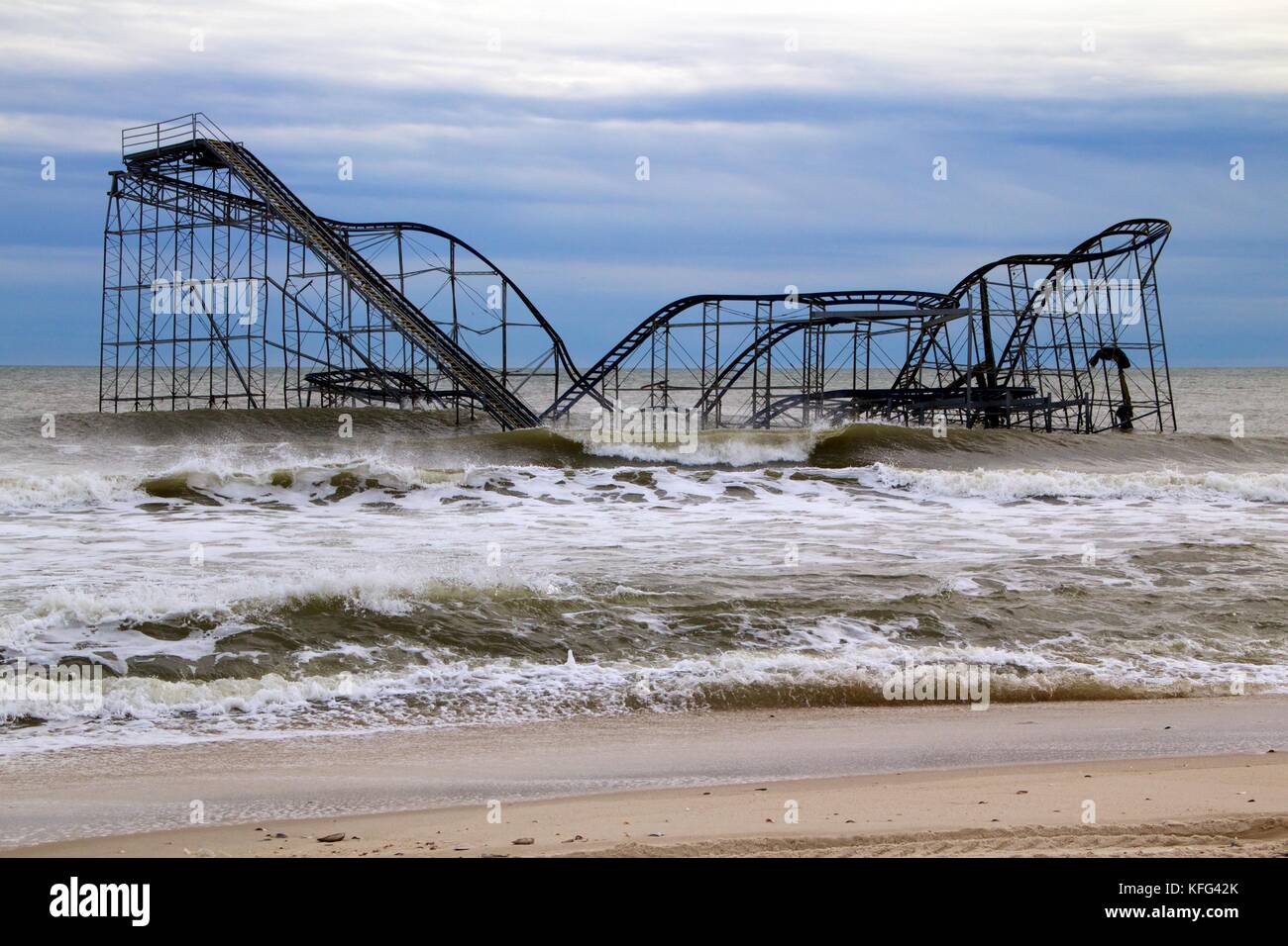 December 5, 2012 -Seaside Heights, NJ, USA: Superstorm Sandy left the Jetstar roller coaster sitting in the Atlantic Ocean. Stock Photo