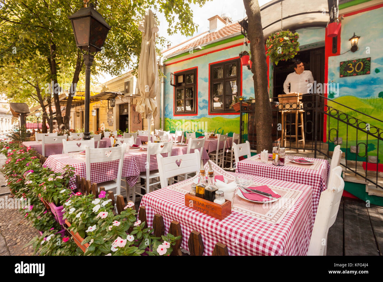 BELGRADE, Serbia - 4 Sept: Tourists enjoy the cafes of Skandarlija (Skandarska), Belgrade's bohemian quarter, on 4 Sept 2017. Stock Photo