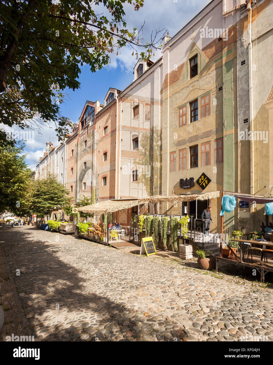 BELGRADE, Serbia - 4 Sept: Tourists enjoy the cafes of Skandarlija (Skandarska), Belgrade's bohemian quarter, on 4 Sept 2017. Stock Photo