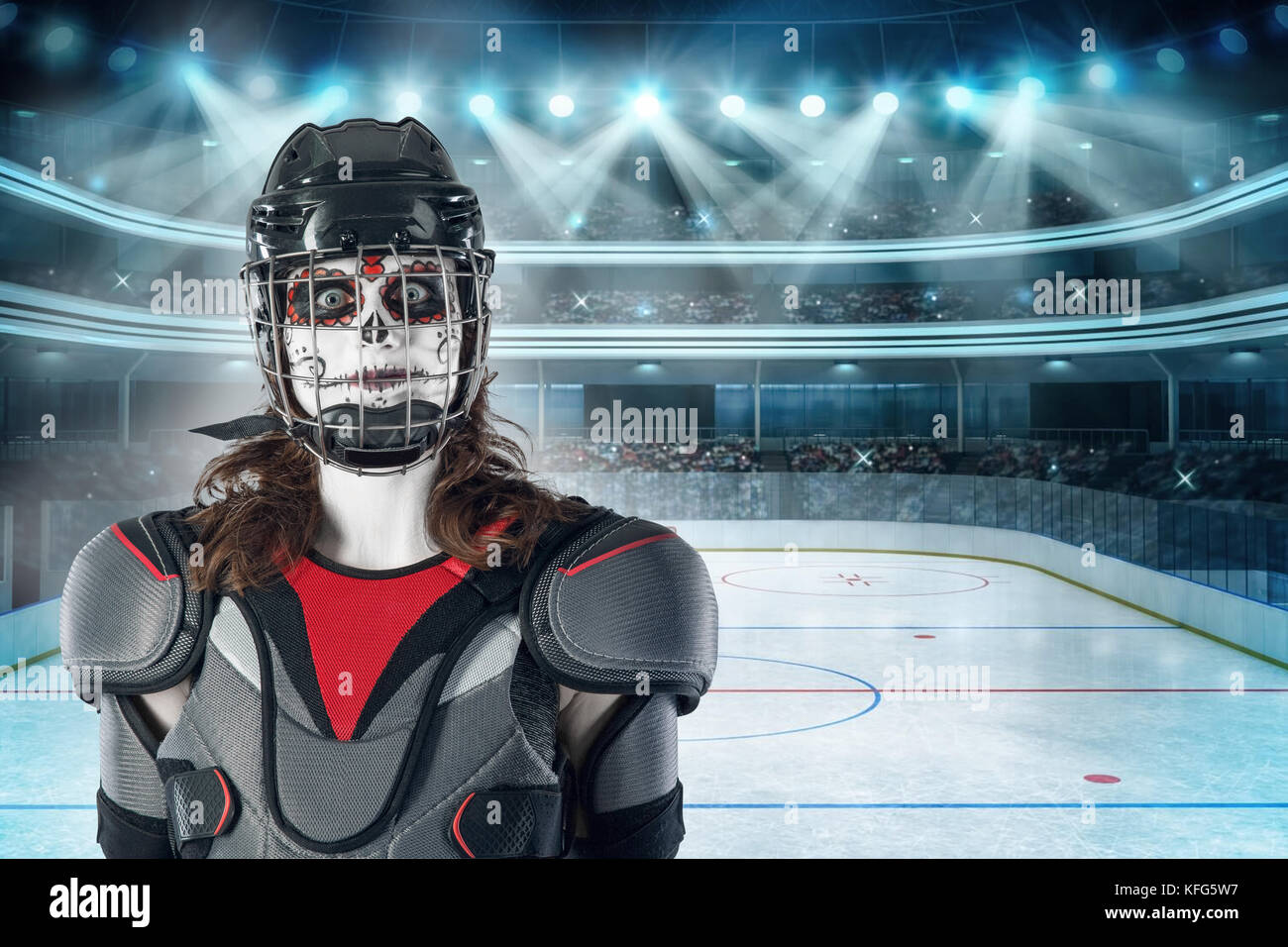 Happy halloween. hockey player in a hockey helmet and mask with a