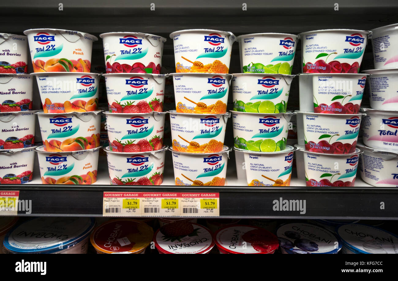 Shelves of Fage 2% yogurt in a supermarket Stock Photo
